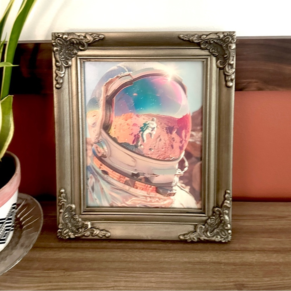 Colorful Astronaut Space Canvas Art Print Silver Ornate Baroque Framed Wall Art